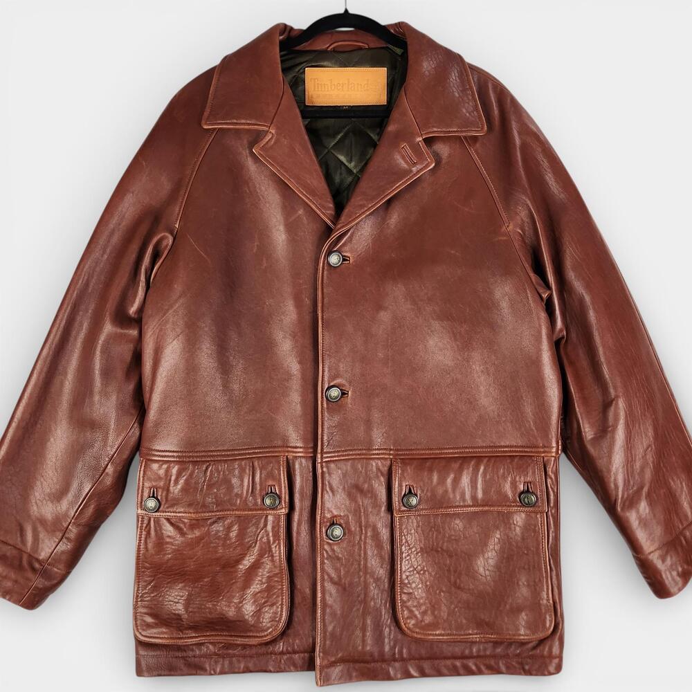 Vintage Timberland Weathergear Leather Coat Mens Medium Brown Quilted Lined 1998